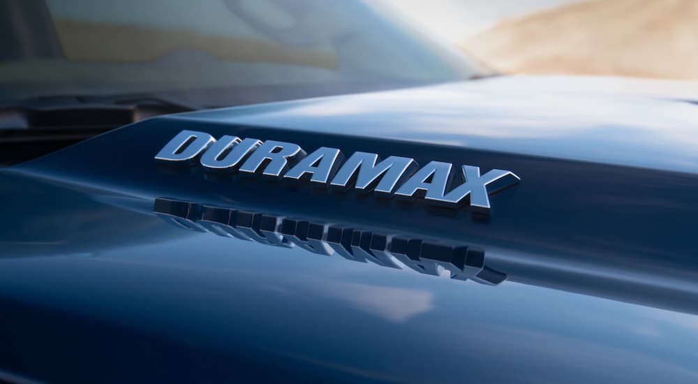 The Duramax emblem on a 2020 Chevy Silverado 1500 is shown in closeup.