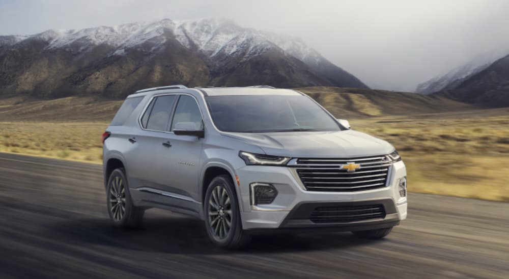 A silver 2022 Chevy Traverse is looking for a Spring Texas Chevy dealer.