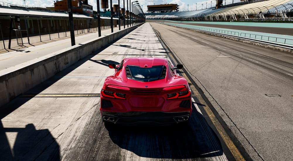 A red 2022 Chevy Corvette is shown from the rear on a race track.