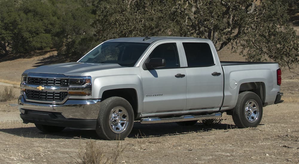 A grey 2018 Chevy Silverado 1500 is shown from the side parked in a tree-lined field.
