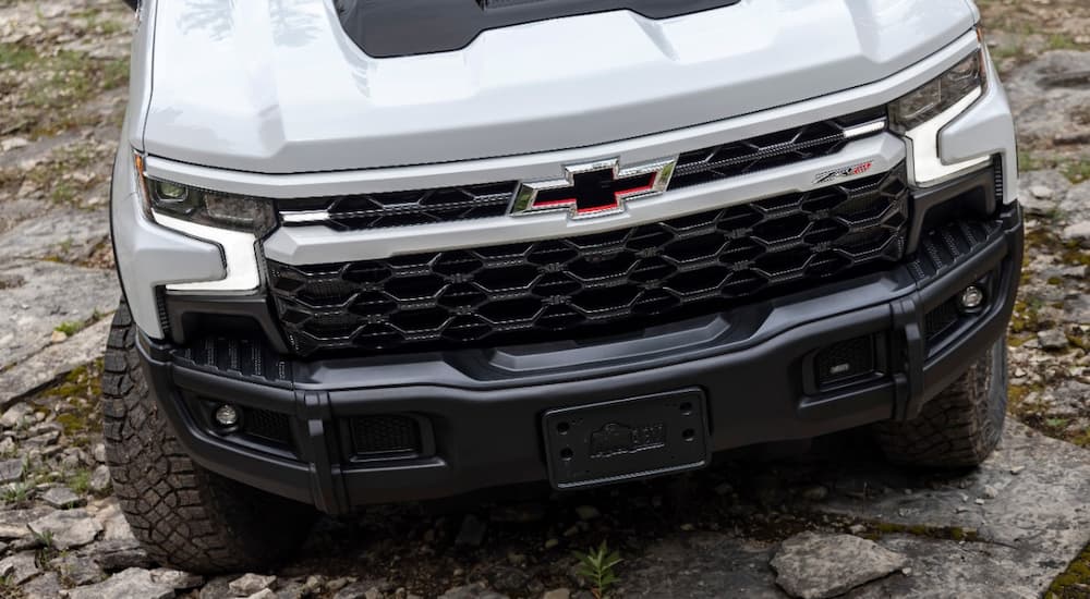 A close up of the front of a white 2023 Chevy Silverado ZR2 Bison is shown.