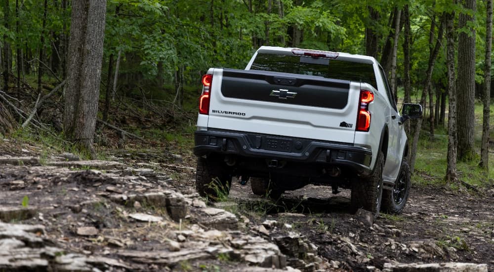 A white 2023 Chevy Silverado ZR2 Bison is shown from the rear on a rocky trail.