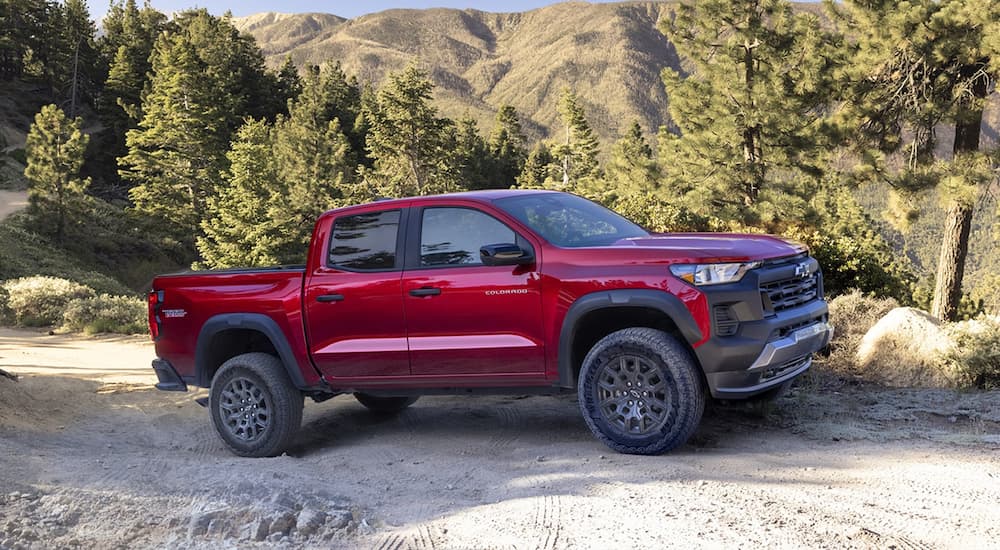 A red 2023 Chevy Colorado ZR2 is shown from the side after visiting a Chevrolet in Houston.
