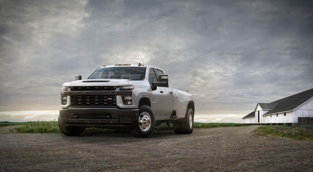 A white 2020 Chevy Silverado 3500 HD is shown from the front at an angle.