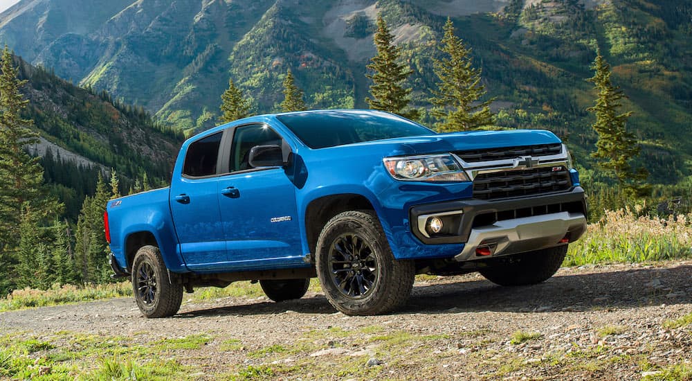 A blue 2022 Chevy Colorado Z71 is shown from the front at an angle.